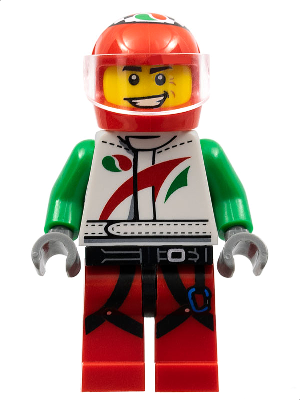 Race Car Driver, White Octan Racing Suit with Octan Logo, Black Leg Straps with Carabiner – КОЛЕКЦИОНЕРСКИ МИНИФИГУРКИ
