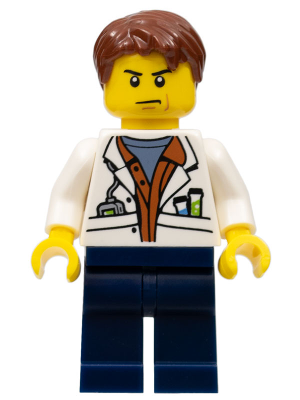 City Jungle Scientist - White Lab Coat with Test Tubes, Dark Blue Legs, Reddish Brown Parted Hair, Scowl – КОЛЕКЦИОНЕРСКИ МИНИФИГУРКИ