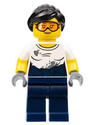 City Jungle Mechanic Female - Black Ponytail, Orange Goggles, White T-Shirt with Oil Stains, Dark Blue Legs – КОЛЕКЦИОНЕРСКИ МИНИФИГУРКИ