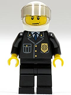 Police - City Suit with Blue Tie and Badge, Black Legs, White Helmet, Trans-Brown Visor, Scowl – ГРАДСКИ