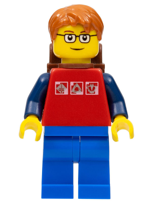 Red Shirt with 3 Silver Logos, Dark Blue Arms, Blue Legs, Dark Orange Short Tousled Hair, Brown Eyebrows, Backpack – ГРАДСКИ