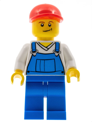 Overalls Blue over V-Neck Shirt, Blue Legs, Red Short Bill Cap, Crooked Smile – ГРАДСКИ