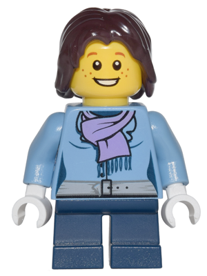 Medium Blue Jacket with Light Purple Scarf, Dark Blue Short Legs, Dark Brown Mid-Length Tousled Hair – ГРАДСКИ