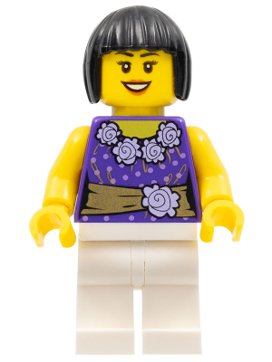 Female Dark Purple Blouse with Gold Sash and Flowers, White Legs, Black Bob Cut Hair – ГРАДСКИ