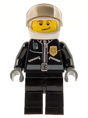 Police - City Leather Jacket with Gold Badge and 'POLICE' on Back, White Helmet, Trans-Brown Visor, Crooked Smile – ГРАДСКИ