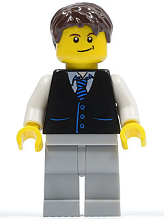 Black Vest with Blue Striped Tie, Light Bluish Gray Legs, White Arms, Dark Brown Short Tousled Hair, Crooked Smile – ГРАДСКИ