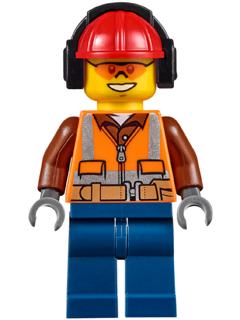 Construction Worker - Male, Orange Safety Vest, Reflective Stripes, Reddish Brown Shirt, Dark Blue Legs, Red Construction Helmet with Black Ear Protectors / Headphones, Safety Glasses – ГРАДСКИ