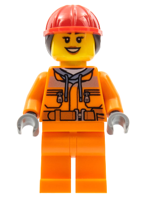 Construction Worker - Female, Orange Safety Jacket, Reflective Stripe, Sand Blue Hoodie, Orange Legs, Red Construction Helmet with Dark Brown Ponytail Hair, Peach Lips – ГРАДСКИ