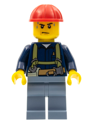 Construction Worker - Shirt with Harness and Wrench, Sand Blue Legs, Red Construction Helmet, Sweat Drops – ГРАДСКИ