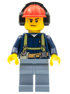 Construction Worker - Male, Shirt with Harness and Wrench, Sand Blue Legs, Red Construction Helmet with Black Ear Protectors / Headphones, Sweat Drops – ГРАДСКИ
