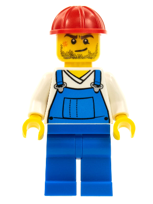 Overalls Blue over V-Neck Shirt, Blue Legs, Red Construction Helmet, Crooked Smile and Scar – ГРАДСКИ