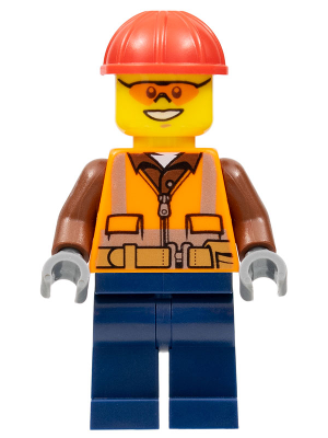 Construction Worker - Male, Orange Safety Vest, Reflective Stripes, Reddish Brown Shirt, Dark Blue Legs, Red Construction Helmet, Orange Safety Glasses – ГРАДСКИ