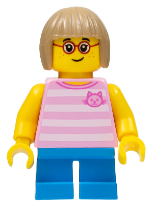 Child - Girl, Bright Pink Striped Shirt with Cat Head, Dark Azure Short Legs, Dark Tan Bob Cut Hair, Glasses, Freckles – ГРАДСКИ