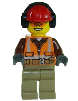 Construction Worker - Male, Orange Safety Vest, Reflective Stripes, Reddish Brown Shirt, Dark Tan Legs, Red Construction Helmet with Black Ear Protectors / Headphones, Safety Glasses – ГРАДСКИ