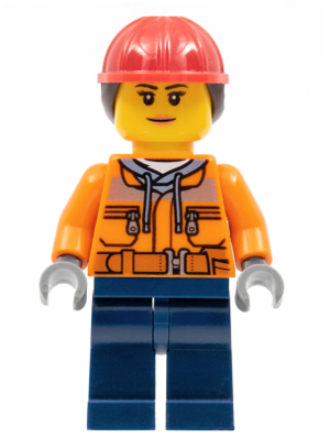 Construction Worker - Female, Orange Safety Jacket, Reflective Stripe, Sand Blue Hoodie, Dark Blue Legs, Red Construction Helmet with Dark Brown Ponytail Hair, Peach Lips – ГРАДСКИ