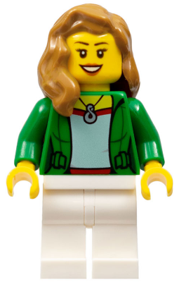 Airplane Passenger - Female, Green Jacket Open with Necklace, White Legs, Medium Nougat Hair over Shoulder, Open Mouth Smile with Teeth – ГРАДСКИ