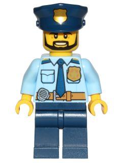 Police - City Shirt with Dark Blue Tie and Gold Badge, Dark Tan Belt with Radio, Dark Blue Legs, Police Hat with Gold Badge, Head Beard Black Angular – ГРАДСКИ