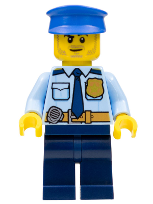 Police - City Shirt with Dark Blue Tie and Gold Badge, Dark Tan Belt with Radio, Blue Legs, Blue Police Hat, Black Stubble and Raised Right Eyebrow – ГРАДСКИ