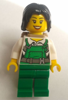 Police - City Bandit Female with Green Overalls, Black Mid-Length Tousled Hair, Backpack, Peach Lips Open Mouth Smile – ГРАДСКИ