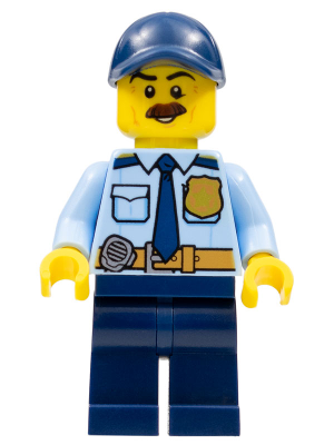 Police - City Shirt with Dark Blue Tie and Gold Badge, Dark Tan Belt with Radio, Dark Blue Legs, Dark Blue Cap with Hole, Brown Bushy Moustache – ГРАДСКИ