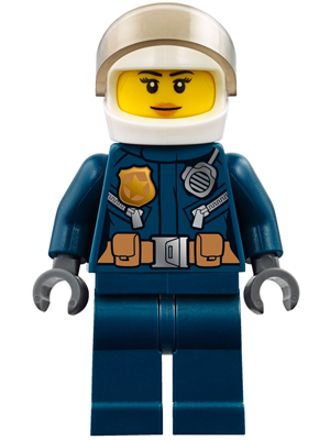 Police - City Helicopter Pilot Female, Leather Jacket with Gold Badge and Utility Belt, Dark Blue Legs, White Helmet, Peach Lips Slight Smile – ГРАДСКИ