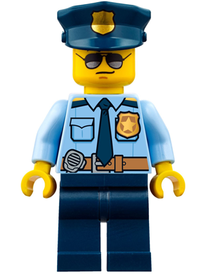 Police - City Officer Shirt with Dark Blue Tie and Gold Badge, Dark Tan Belt with Radio, Dark Blue Legs, Police Hat with Gold Badge, Sunglasses – ГРАДСКИ