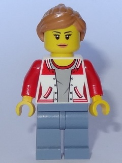 City Bus Passenger - Female Jacket Open with Number '8' on Back, Sand Blue Legs, Medium Nougat Hair Ponytail, Peach Lips – ГРАДСКИ