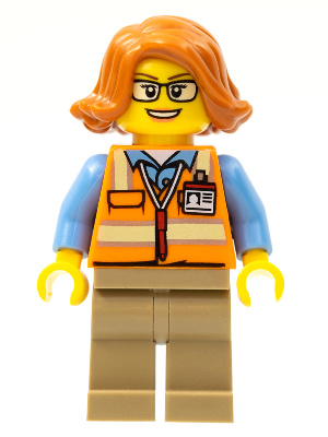 Cargo Office Worker - Orange Safety Vest with Reflective Stripes, Dark Tan Legs, Dark Orange Female Hair Short Swept Sideways, Glasses – ГРАДСКИ