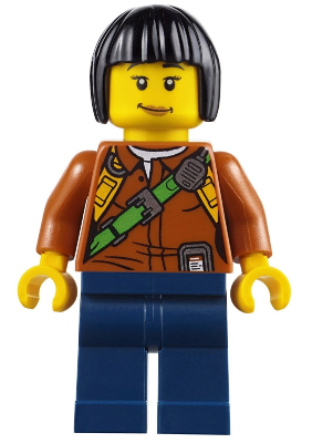 City Jungle Explorer Female - Dark Orange Shirt with Green Strap, Dark Blue Legs, Black Bob Cut Hair, Peach Lips Lopsided Smile – ГРАДСКИ
