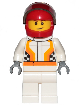 Race Car Driver, White Racing Suit with Orange Stripes and Checkered Pattern, Red Helmet, Crooked Smile with Brown Dimple – ГРАДСКИ
