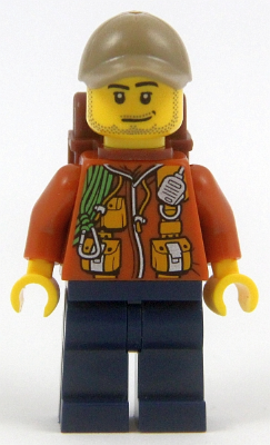 City Jungle Explorer - Dark Orange Jacket with Pouches, Dark Blue Legs, Dark Tan Cap with Hole, Smirk and Stubble Beard with Backpack – ГРАДСКИ