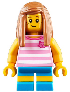 Child - Girl, Bright Pink Striped Shirt with Cat Head, Dark Azure Short Legs with Molded Yellow Stripes, Medium Nougat Long Hair, Freckles – ГРАДСКИ