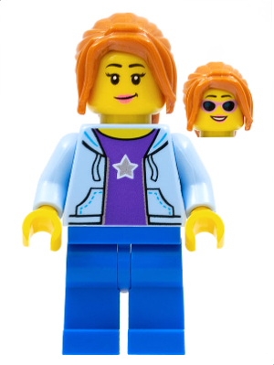 Hiker, Female, Bright Light Blue Hoodie over Dark Purple Star Shirt, Dark Orange Ponytail Long with Side Bangs – ГРАДСКИ
