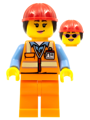 Airport Luggage Handler - Female, Orange Safety Vest with Reflective Stripes, Orange Legs, Red Construction Helmet with Dark Brown Ponytail Hair – ГРАДСКИ
