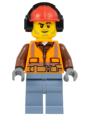 Construction Worker - Male, Orange Safety Vest, Reflective Stripes, Reddish Brown Shirt, Sand Blue Legs, Red Construction Helmet with Black Ear Protectors / Headphones, Stubble – ГРАДСКИ