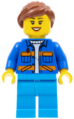 Garbage Worker - Female, Blue Jacket with Diagonal Lower Pockets and Orange Stripes, Dark Azure Legs, Reddish Brown Ponytail – ГРАДСКИ