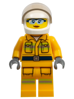 Fire - Reflective Stripes, Bright Light Orange Suit, White Helmet, Safety Glasses, Peach Lips Closed Mouth Smile – ГРАДСКИ