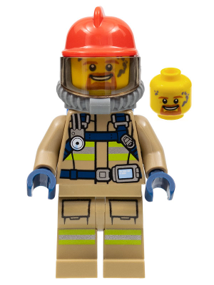 Fire - Reflective Stripes, Dark Tan Suit, Red Fire Helmet, Open Mouth with Goatee, Breathing Neck Gear with Blue Air Tanks – ГРАДСКИ