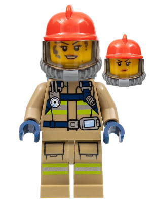 Fire - Reflective Stripes, Dark Tan Suit, Red Fire Helmet, Open Mouth with Peach Lips and Dirty Face, Breathing Neck Gear with Blue Air Tanks – ГРАДСКИ