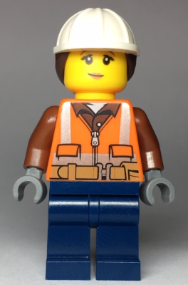 Construction Worker - Female, Orange Safety Vest, Reflective Stripes, Reddish Brown Shirt, Dark Blue Legs, White Construction Helmet with Dark Brown Ponytail Hair, Peach Lips – ГРАДСКИ