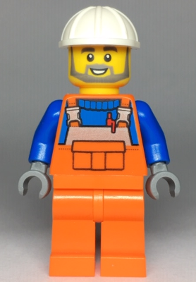 Construction Worker - Male, Orange Overalls with Reflective Stripe and Buckles over Blue Shirt, Orange Legs, White Construction Helmet, Beard – ГРАДСКИ