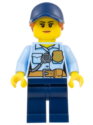 Police - City Officer Female, Bright Light Blue Shirt with Badge and Radio, Dark Blue Legs, Dark Blue Cap with Dark Orange Ponytail – ГРАДСКИ