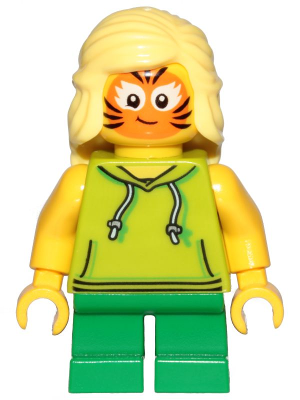 Girl, Lime Hoodie, Green Short Legs, Orange Cat Face Paint – ГРАДСКИ