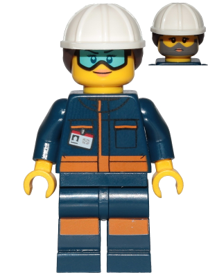 Rocket Engineer - Female, Dark Blue Jumpsuit, White Construction Helmet with Dark Brown Ponytail Hair, Light Blue Goggles and Face Covered with Dirt – ГРАДСКИ