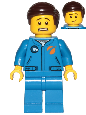 Astronaut - Male, Blue Jumpsuit, Dark Brown Hair Short Combed Sideways Part Left, Scared and Lopsided Smile – ГРАДСКИ