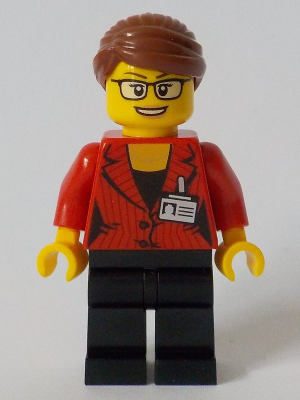 Reporter - Female, Red Suit Jacket with ID Badge, Black Legs, Reddish Brown Hair Swept Back into Bun, Glasses – ГРАДСКИ
