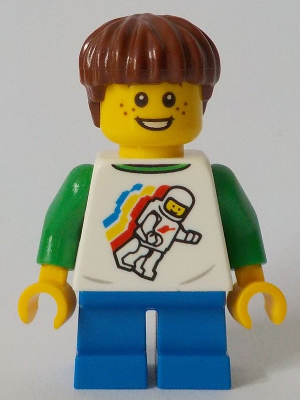 Child - Boy, Classic Space Shirt with Minifigure Floating and Back Print, Blue Short Legs, Reddish Brown Hair, Freckles – ГРАДСКИ