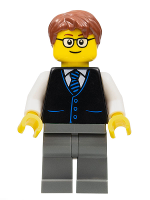 Launch Director - Male, Black Vest with Blue Striped Tie, Dark Bluish Gray Legs, Reddish Brown Short Tousled Hair, Glasses – ГРАДСКИ
