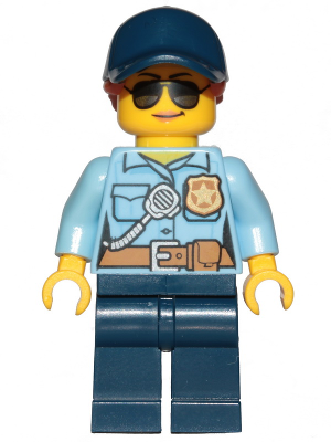 Police - City Officer Female, Bright Light Blue Shirt with Badge and Radio, Dark Blue Legs, Dark Blue Cap with Dark Orange Ponytail, Sunglasses – ГРАДСКИ