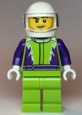 Monster Truck Driver, Lime Legs and Jacket with Purple Flames and Arms, White Helmet – ГРАДСКИ